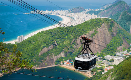 View from Sugarloaf Mountain in Rio with cable car and Copacabana beach
