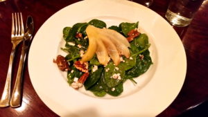baby spinach salad with poached pear