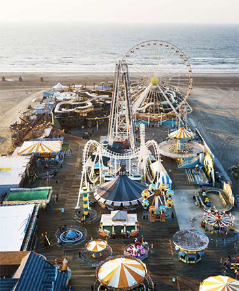 Aerial view of Morey’s Piers and beachfront water parks complex in Wildwood, New Jersey