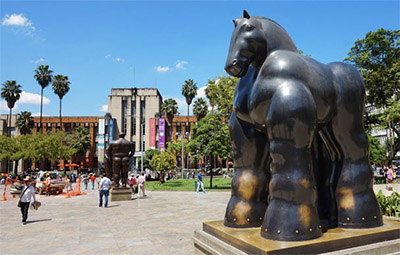 Activity in Botero Plaza, with Fernando Botero sculptures on display