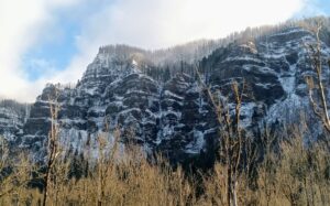 basalt cliffs in snow